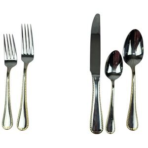 Mikasa Cameo 18/10 Stainless‎ Steel Gold Accent Flatware 4 Place Settings
